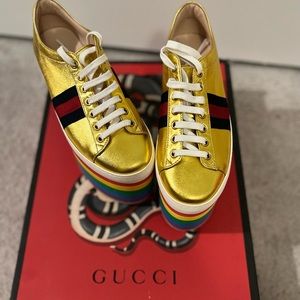 GUCCI Peggy Rainbow Metallic Nappa Silk Platform Sneakers Gold